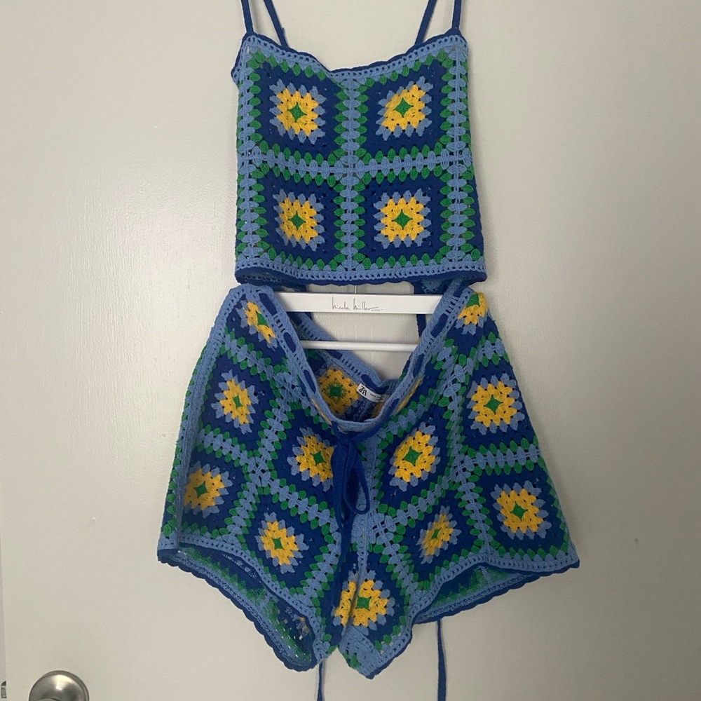 Zara Blue and Green Crochet Romper